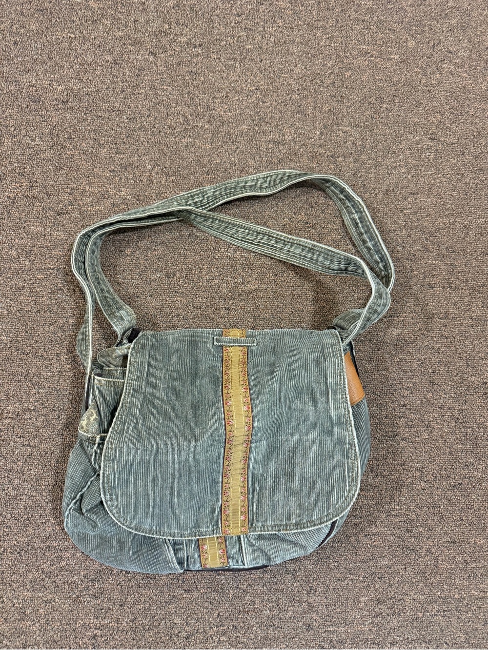 Vintage Lucky Brand Corduroy Messenger Bag Sage Green Paisley Boho Y2K